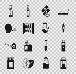 Set Vape mod device, Marijuana joint, spliff, Medical nicotine patches, Cigar, Man smoking cigarette, liquid bottle and Bong icon. Vector