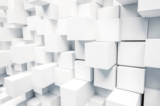 Random shifted white cube boxes block background. White abstract cubes background. Generative AI © VisualProduction