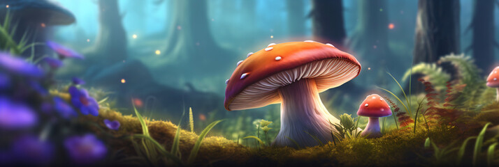 Fototapeta na wymiar fairy tale world with mushrooms, generative ai