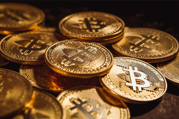 Photo golden bitcoins new virtual money. Generative AI