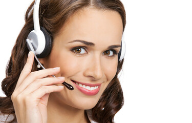 Face portrait photo image - customer support, advisor phone operator in headset, isolated white background. Consulting and assistance service call center. Answer help, advertising.