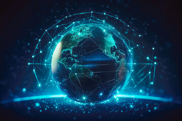 Naklejka premium Blockchain technology futuristic hub background with globe world. Generative AI