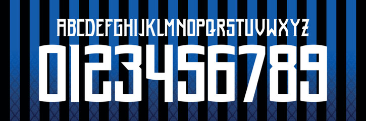 font vector team 2018 - 2019 kit sport style font. football style font with lines and points inside.Internazionale Nerazzurri. inter milan font. sports style letters and numbers for soccer team - obrazy, fototapety, plakaty