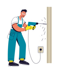 Professional home worker drilling a concrete wall. Worker with a hand drill. House maintenance service concept