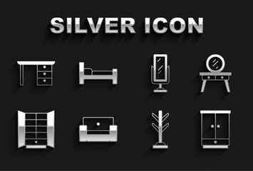 Set Armchair, Dressing table, Wardrobe, Coat stand, Big full length mirror, Office desk and Bed icon. Vector