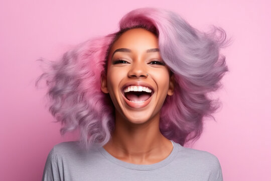 Portrait of beautiful african american woman with pink hair smiling. Generative AI.