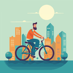 White man rides a bicycle in city, flat design