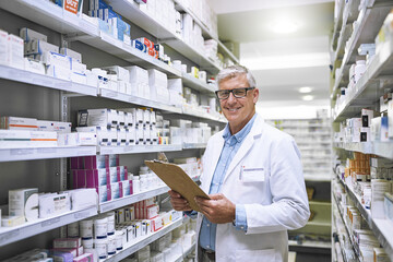 Pharmacy, medicine and portrait of man and clipboard store for checklist, inspection and inventory....