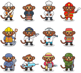 Cartoon Monkey in professional uniform. Vector set of Monkey different professions. Vector characters with jobs different occupation. Different jobs professionals. Isolated vector icons set
