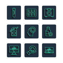 Set line Monitor with cardiogram, Cross hospital medical, Laptop, First aid kit, Male head, tag, Test tube blood and Bottle of medicine syrup icon. Vector