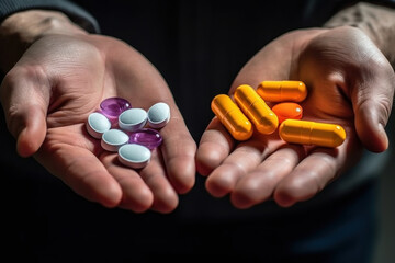 Colored pills in two hands. Generative AI.
