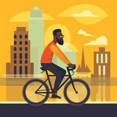Black man rides a bicycle in city, flat design