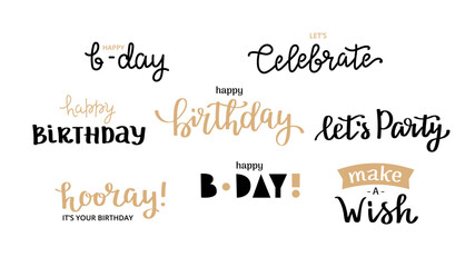 Happy birthday greetings collection. Elegant hand drawn calligraphy and lettering set, vector illustration