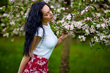 portrait of a beautiful brunette woman in a blossoming apple orchard
