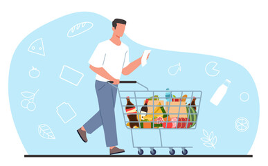Young man in supermarket with shopping list and cart full of groceries. Modern male character with trolley and list, buying food in mall, cartoon flat isolated illustration. Vector concept