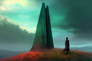 Sci-fi obelisk on a hill, person in cloak performing ritual - Fantasy 3D illustration - Generative AI