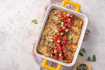 potato casserole with cream, gratin dauphinois with tomato salsa