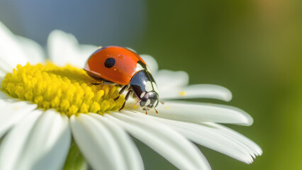 Obraz premium Macro closeup photography of beauty beautiful black and red ladybug sits on camomile flower, in summer / springtime, at garden, isolated on blurred background. Generative AI