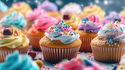 Colorful tasty birthday cupcakes. Generative AI