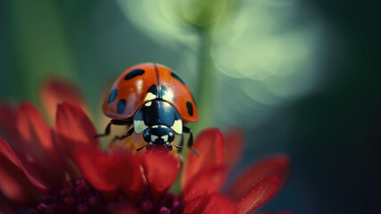 Fototapeta premium Macro closeup photography of beauty beautiful black and red ladybug sits on camomile flower, in summer / springtime, at garden, isolated on blurred background. Generative AI