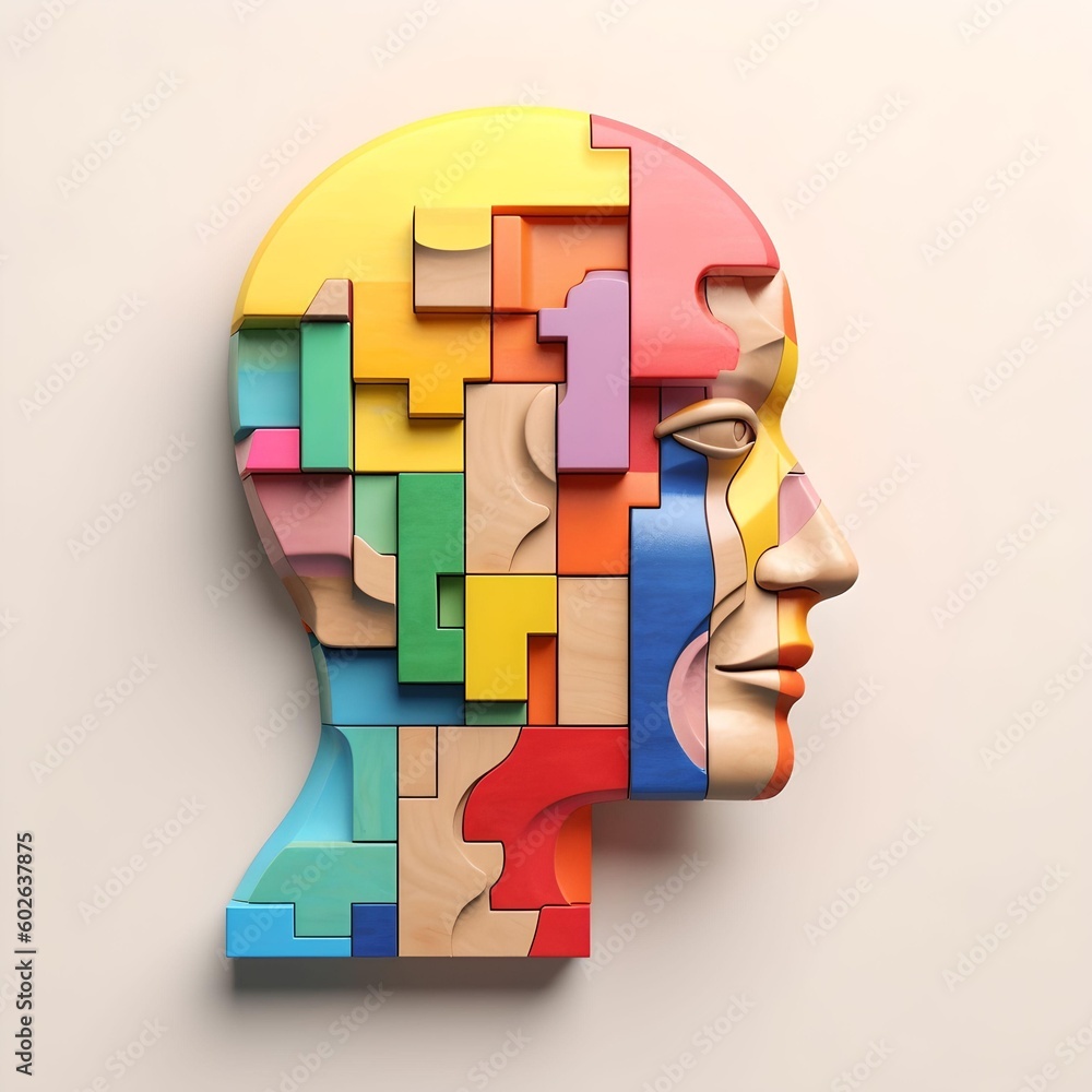 Poster puzzle concept with a person's head. style of bright color blocks. generative ai.