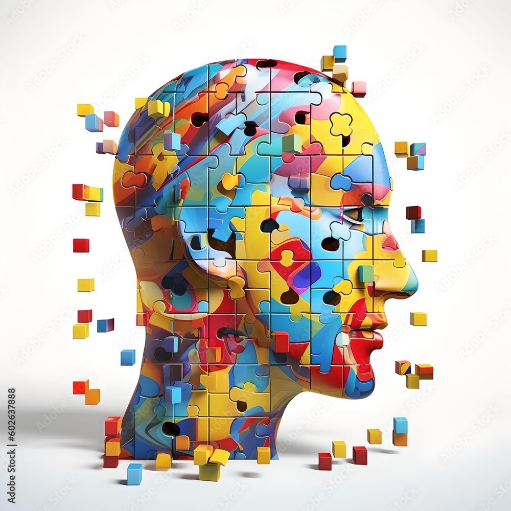 Poster puzzle concept with a person's head. style of bright color blocks. generative ai.
