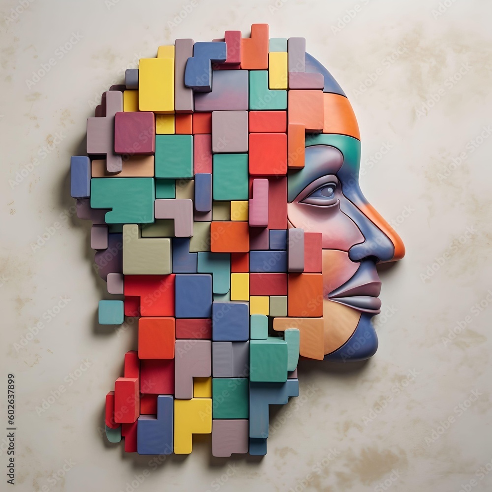 Poster puzzle concept with a person's head. style of bright color blocks. generative ai.