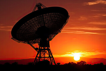 The silhouette of a radio telescope observatory