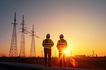 Fototapeta premium Two Unidentified Solar Power Engineers In Backlight At Sunset. Solar park. Alternative energy concept