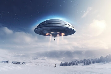 UFO, alien saucer hovering over the winter landscape in the sky. Unidentified flying object