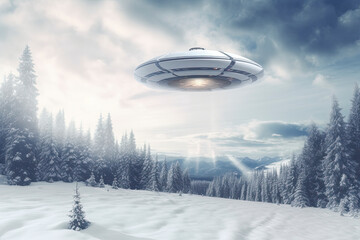 Naklejka premium UFO, alien saucer hovering over the winter landscape in the sky. Unidentified flying object
