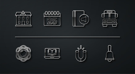 Set line School building, Atom, Bus, Magnet, Online class, Calendar, Ringing bell and Audio book icon. Vector