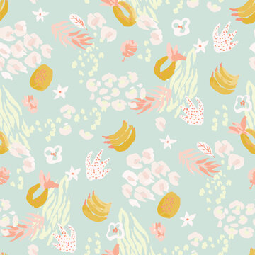 Bright, juicy seamless pattern of abstract shapes, fruits, citrus lemons, oranges and anans. Bright modern colors of tropical background.