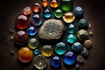 Chakra healing stones, chakra crystals, stones that connect to primary seven chakras in human body. 7 colored chakra crystal. AI generative - obrazy, fototapety, plakaty