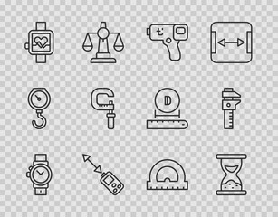 Set line Wrist watch, Old hourglass with sand, Digital thermometer, Laser distance measurer, Smart, Micrometer, Protractor and Calliper caliper scale icon. Vector