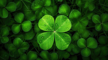 Four Leaf Clover Stands Out Against Green Leaves Banner. AI generative.