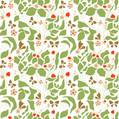 Strawberry Background with flowers, wild berries, leaves. Vector seamless texture illustration for summer cover, botanical wallpaper pattern, vintage party backdrop, wedding invitation