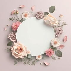 Romantic coloring in pastel roses of circle shape frame with leaves concept. Art in inside empty on flat layout design. Glorious generative AI. - obrazy, fototapety, plakaty