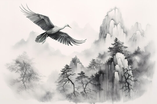 A painting of a bird flying over a mountain. Generative AI.