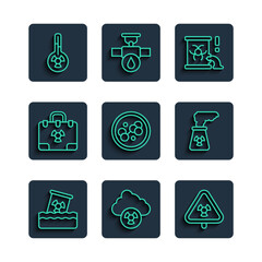 Set line Radioactive waste in barrel, Acid rain and radioactive cloud, Triangle with radiation, Molecule, Radiation nuclear suitcase, Meteorology thermometer and Nuclear power plant icon. Vector