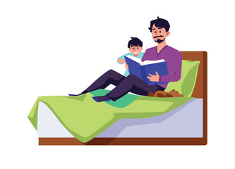 Father and son sitting on bed and reading book, flat vector illustration isolated on white background.