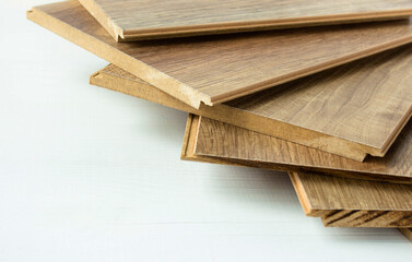 Closeup laminate and parquet wood chipboard, architecture and construction for flooring and interior design in market. Design and decoration, for designers