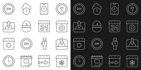 Set line Calendar winter, Sunset, spring, Alarm clock app mobile, Kitchen timer, Sunrise, Day and icon. Vector