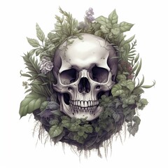 Plant-Adorned Skull Drawing. Generative AI