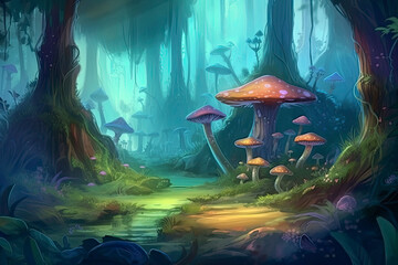 Watercolor and oil fantasy forest landscape, magic trees, mushrooms, glowing