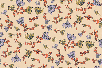 Autumn feminine seamless pattern with wildflowers in orange and brown tones