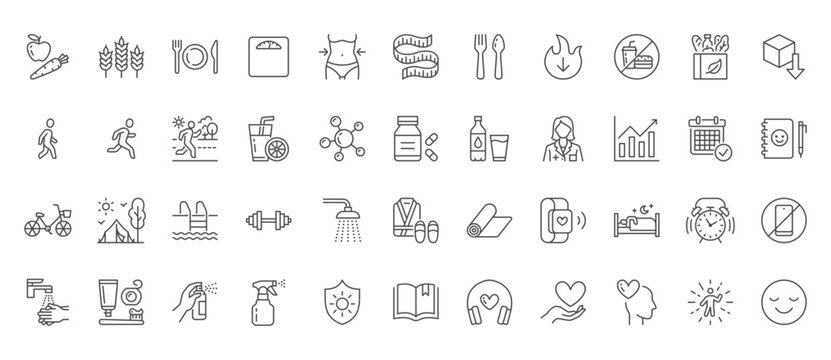 Healthy lifestyle line icons set. Active life - organic food, nutrition, running, jogging, time management, scales, bicycle, hiking vector illustration. Outline signs for good habits. Editable Stroke