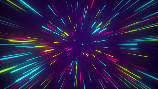 Flying in space with luminous neon lines. Hyperspace. The modern ultraviolet spectrum of light.
