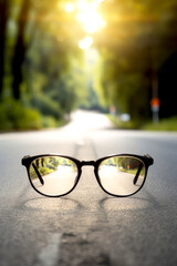 clear image of a road leading to a source of light behind an eyeglasses, with blur background, ai