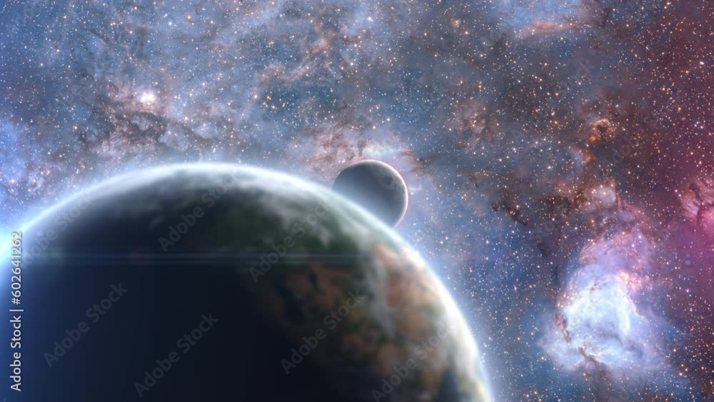Poster deep space travel animation background. earth and moon in the milky way with glowing gas abstract un